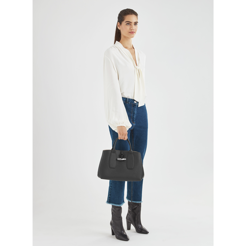 Longchamp Roseau M Bőr Kézitáska Női Fekete | 98716VAYN